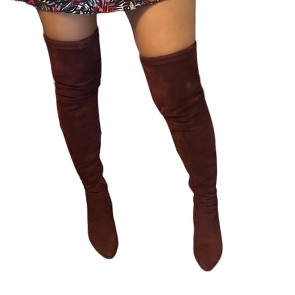 LadyJane Burgundy Velvet Heeled over the Knee high Boots - Picture 3 of 5